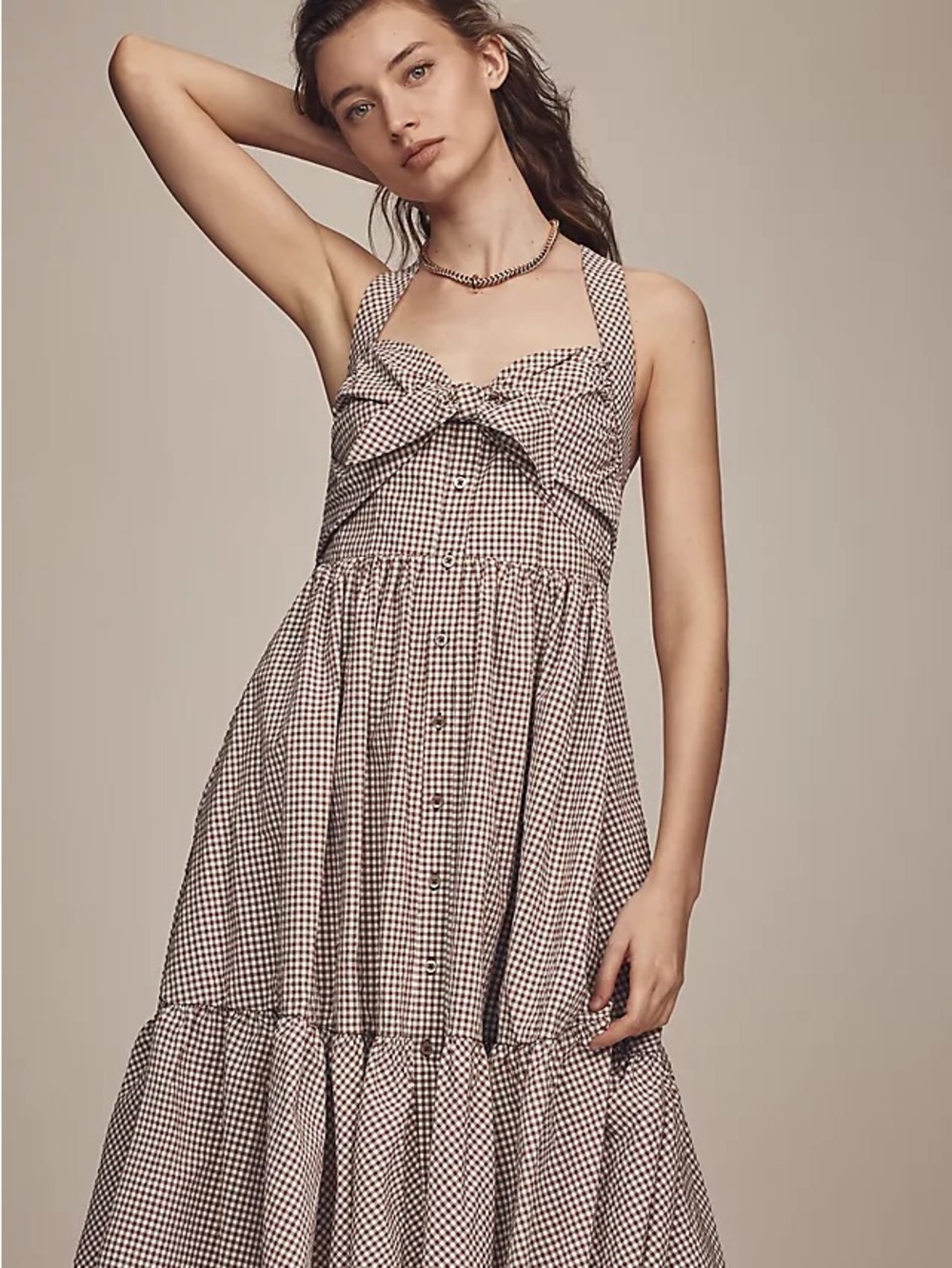 Maeve Brown/White Gingham Halter Bow front Midi Dress Size XL Lined Zip